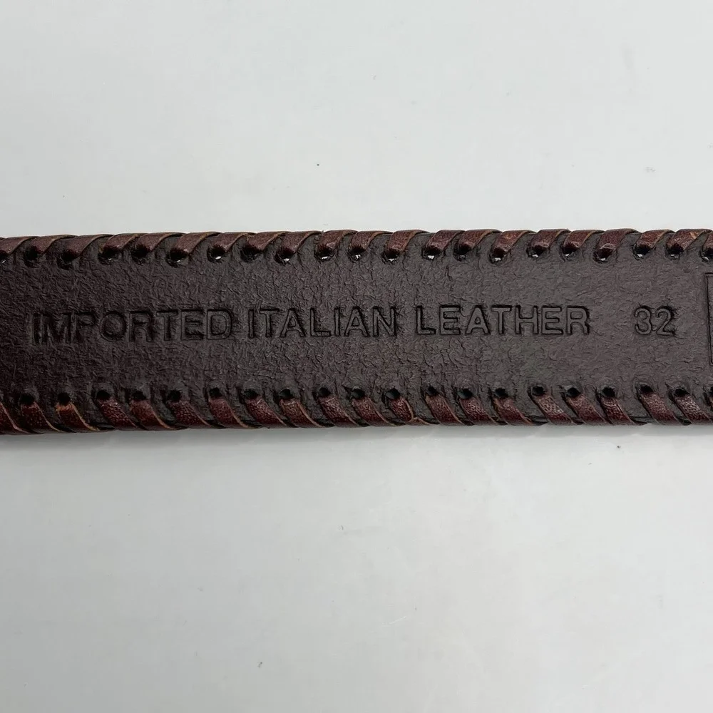Remington Ribbed Italian Leather‎ Brass Buckle Belt Sz 32 Brown Whipstich Detail